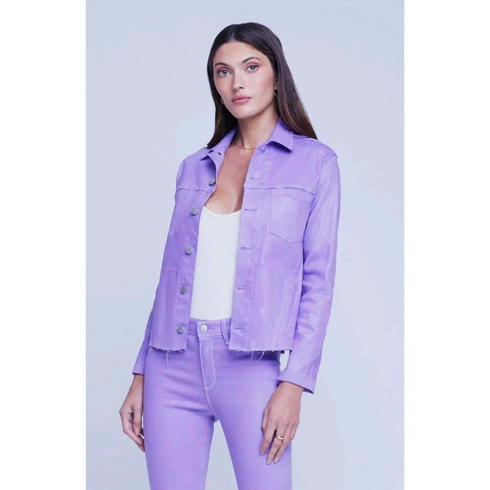 L'agence Janelle Coated Denim Jacket Orchid Purple Xs Slim Crop Frayed Raw Hem
